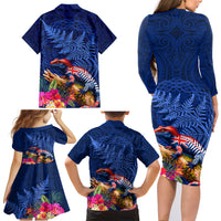 New Zealand Tuatara Family Matching Long Sleeve Bodycon Dress and Hawaiian Shirt Silver Fern Hibiscus and Tribal Maori Pattern Blue Color