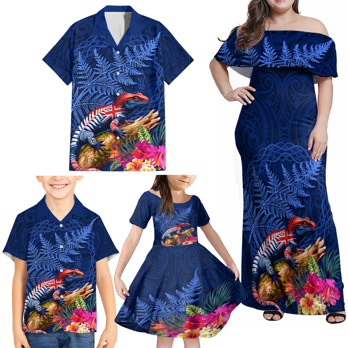 New Zealand Tuatara Family Matching Off Shoulder Maxi Dress and Hawaiian Shirt Silver Fern Hibiscus and Tribal Maori Pattern Blue Color