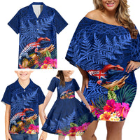 New Zealand Tuatara Family Matching Off Shoulder Short Dress and Hawaiian Shirt Silver Fern Hibiscus and Tribal Maori Pattern Blue Color
