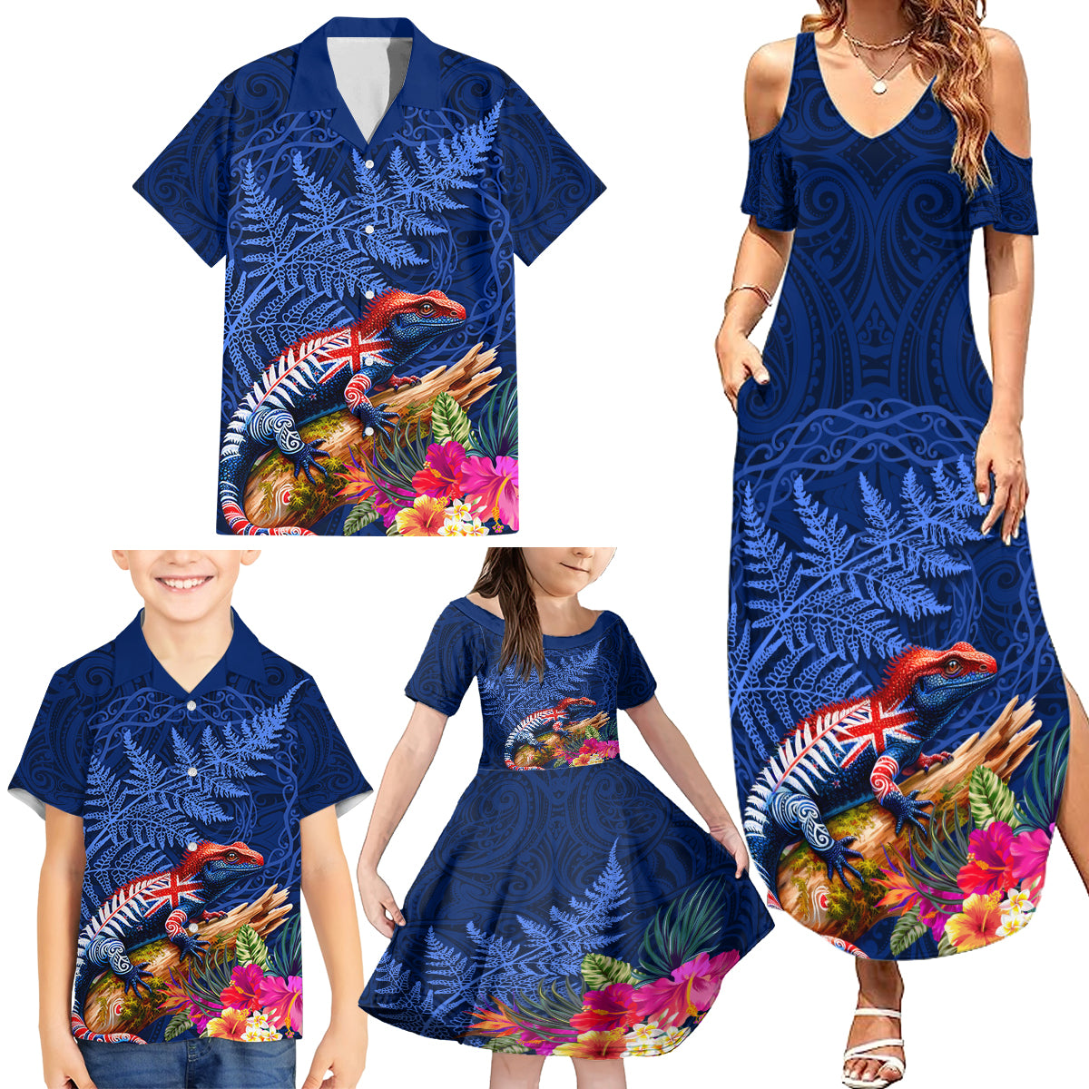 New Zealand Tuatara Family Matching Summer Maxi Dress and Hawaiian Shirt Silver Fern Hibiscus and Tribal Maori Pattern Blue Color
