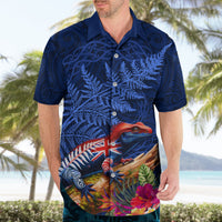 New Zealand Tuatara Hawaiian Shirt Silver Fern Hibiscus and Tribal Maori Pattern Blue Color