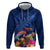 New Zealand Tuatara Hoodie Silver Fern Hibiscus and Tribal Maori Pattern Blue Color