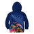 New Zealand Tuatara Kid Hoodie Silver Fern Hibiscus and Tribal Maori Pattern Blue Color