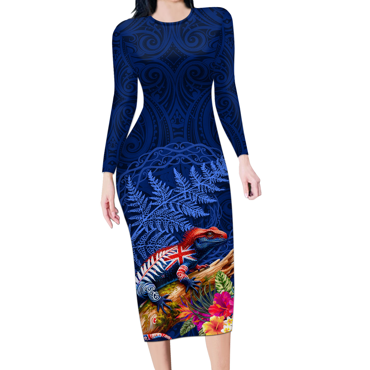 New Zealand Tuatara Long Sleeve Bodycon Dress Silver Fern Hibiscus and Tribal Maori Pattern Blue Color