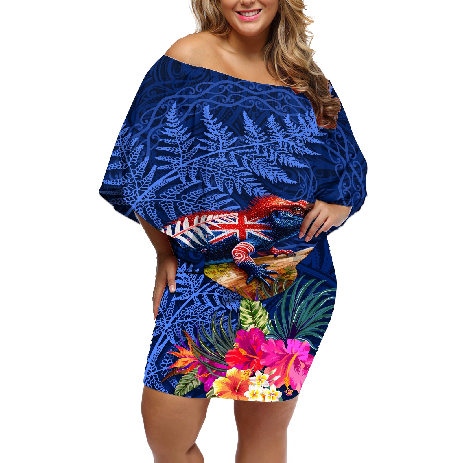 New Zealand Tuatara Off Shoulder Short Dress Silver Fern Hibiscus and Tribal Maori Pattern Blue Color