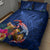 New Zealand Tuatara Quilt Bed Set Silver Fern Hibiscus and Tribal Maori Pattern Blue Color