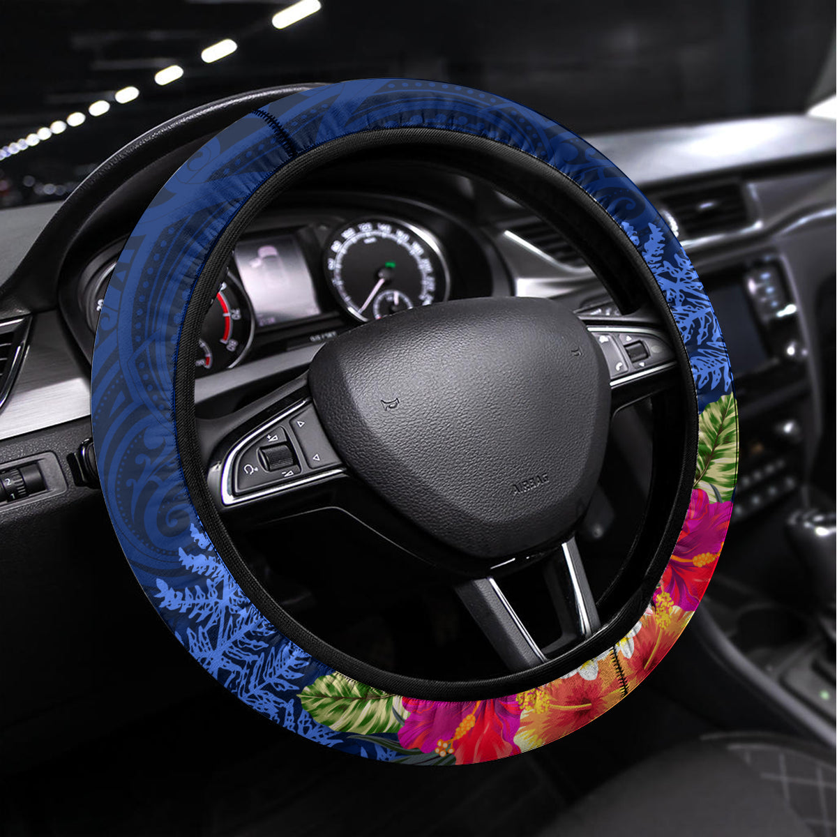 New Zealand Tuatara Steering Wheel Cover Silver Fern Hibiscus and Tribal Maori Pattern Blue Color LT03 Universal Fit Blue - Polynesian Pride