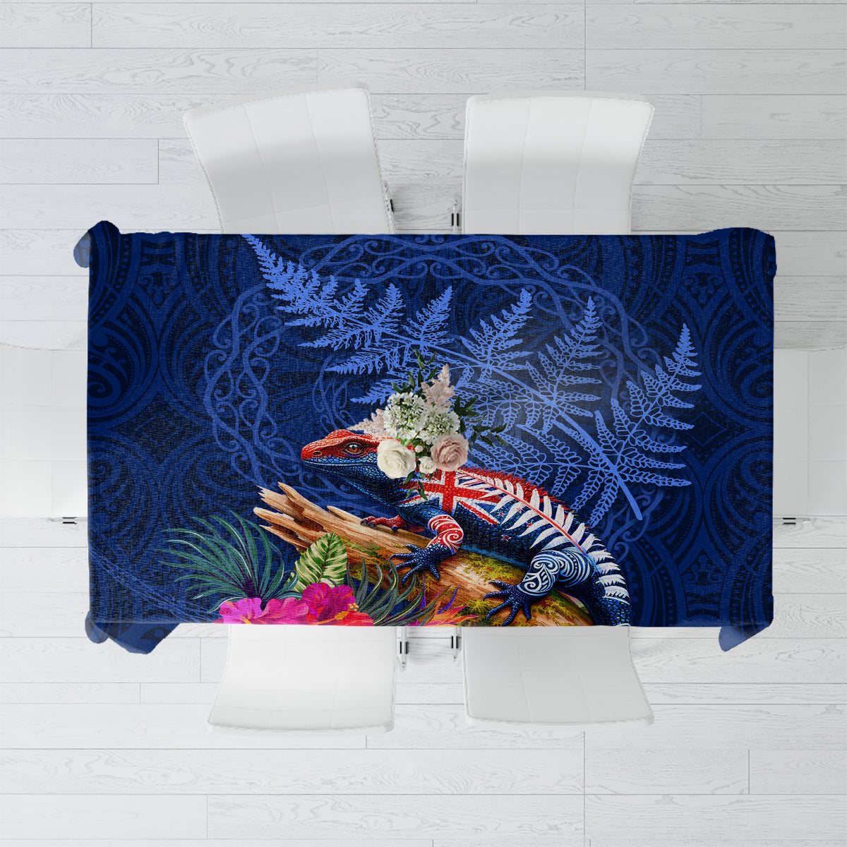 New Zealand Tuatara Tablecloth Silver Fern Hibiscus and Tribal Maori Pattern Blue Color LT03 Blue - Polynesian Pride