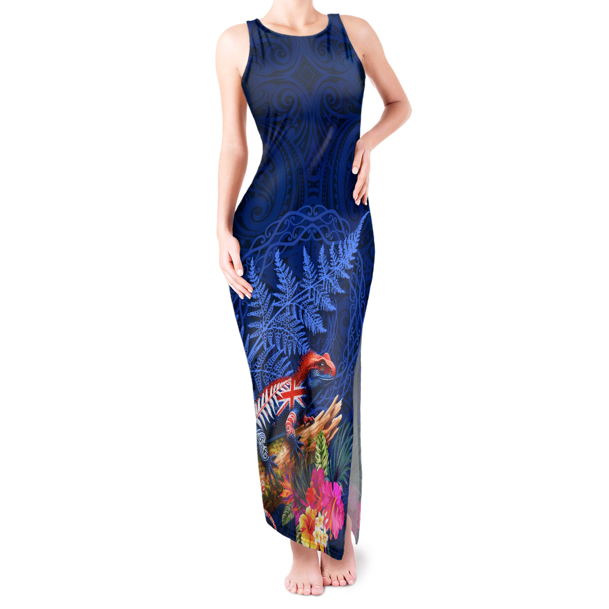 New Zealand Tuatara Tank Maxi Dress Silver Fern Hibiscus and Tribal Maori Pattern Blue Color