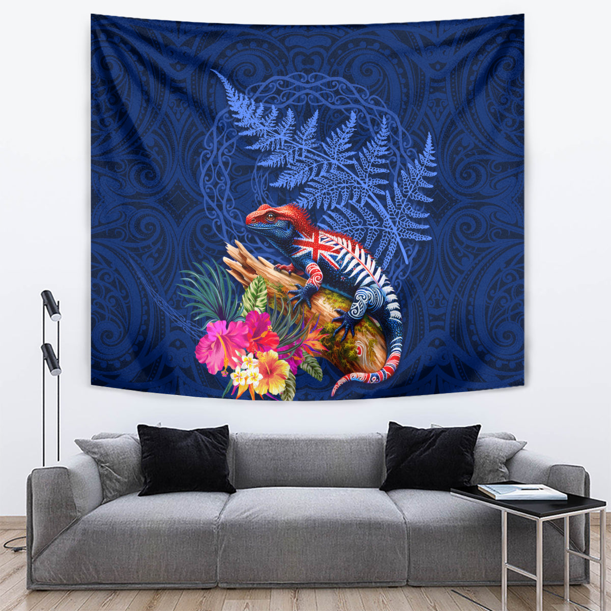 New Zealand Tuatara Tapestry Silver Fern Hibiscus and Tribal Maori Pattern Blue Color