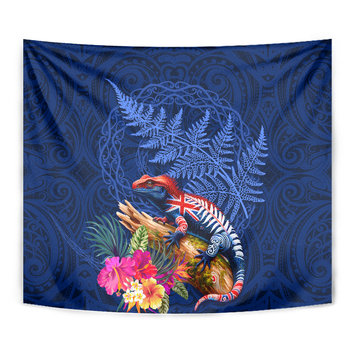 New Zealand Tuatara Tapestry Silver Fern Hibiscus and Tribal Maori Pattern Blue Color