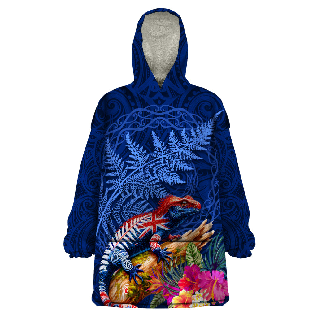 New Zealand Tuatara Wearable Blanket Hoodie Silver Fern Hibiscus and Tribal Maori Pattern Blue Color