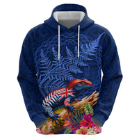 New Zealand Tuatara Zip Hoodie Silver Fern Hibiscus and Tribal Maori Pattern Blue Color