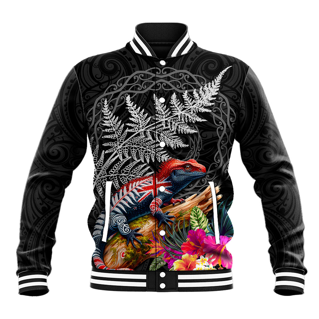 New Zealand Tuatara Baseball Jacket Silver Fern Hibiscus and Tribal Maori Pattern Black Color LT03 Unisex Black - Polynesian Pride