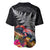 New Zealand Tuatara Baseball Jersey Silver Fern Hibiscus and Tribal Maori Pattern Black Color