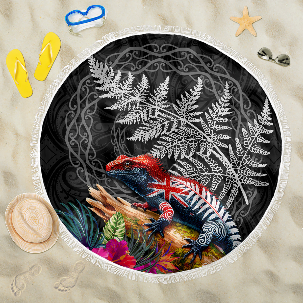 New Zealand Tuatara Beach Blanket Silver Fern Hibiscus and Tribal Maori Pattern Black Color LT03 One Size 150cm Black - Polynesian Pride