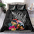 New Zealand Tuatara Bedding Set Silver Fern Hibiscus and Tribal Maori Pattern Black Color