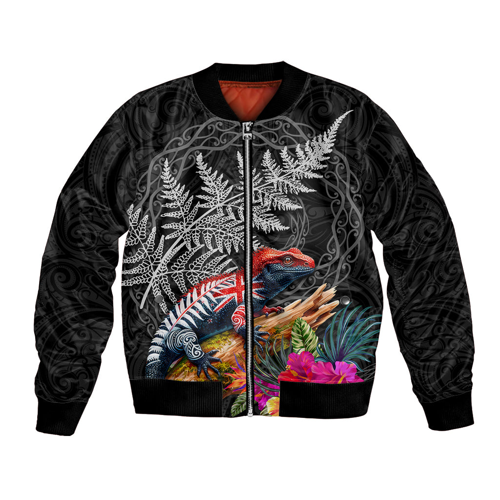 New Zealand Tuatara Bomber Jacket Silver Fern Hibiscus and Tribal Maori Pattern Black Color LT03 Unisex Black - Polynesian Pride
