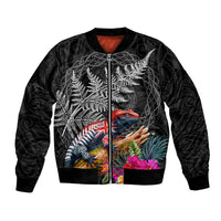 New Zealand Tuatara Bomber Jacket Silver Fern Hibiscus and Tribal Maori Pattern Black Color LT03 Unisex Black - Polynesian Pride