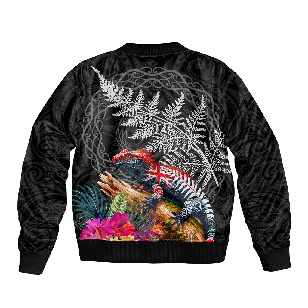 New Zealand Tuatara Bomber Jacket Silver Fern Hibiscus and Tribal Maori Pattern Black Color LT03 - Polynesian Pride
