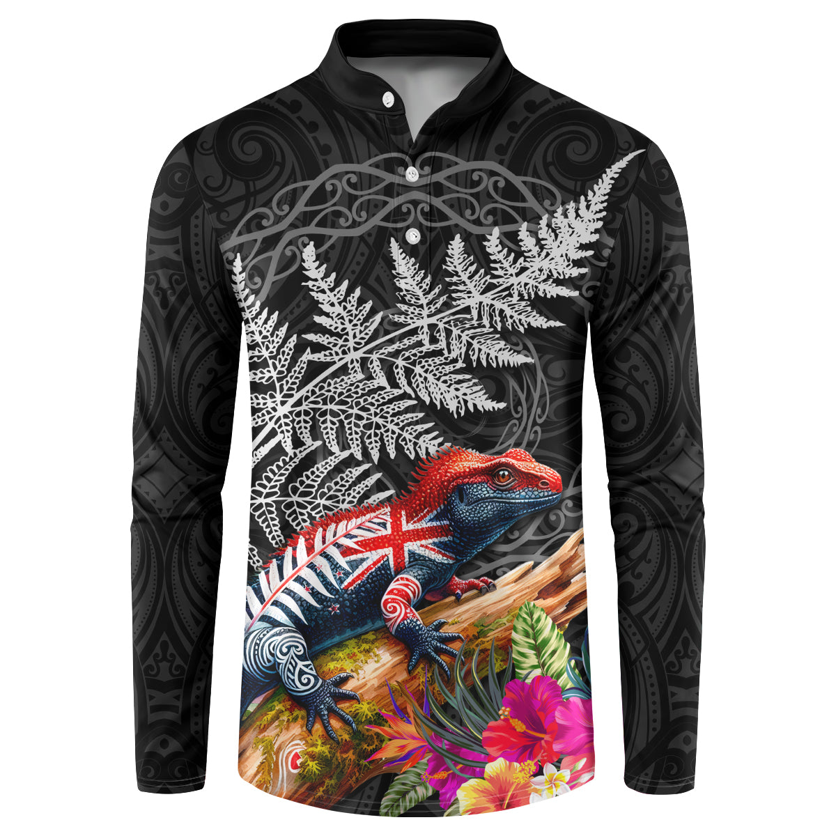New Zealand Tuatara Button Sweatshirt Silver Fern Hibiscus and Tribal Maori Pattern Black Color LT03 Black - Polynesian Pride