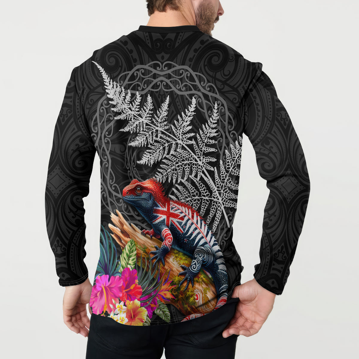 New Zealand Tuatara Button Sweatshirt Silver Fern Hibiscus and Tribal Maori Pattern Black Color LT03 - Polynesian Pride