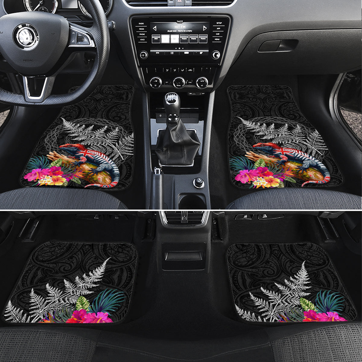 New Zealand Tuatara Car Mats Silver Fern Hibiscus and Tribal Maori Pattern Black Color LT03 Set 4pcs Black - Polynesian Pride