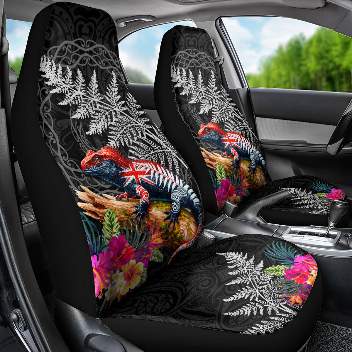 New Zealand Tuatara Car Seat Cover Silver Fern Hibiscus and Tribal Maori Pattern Black Color
