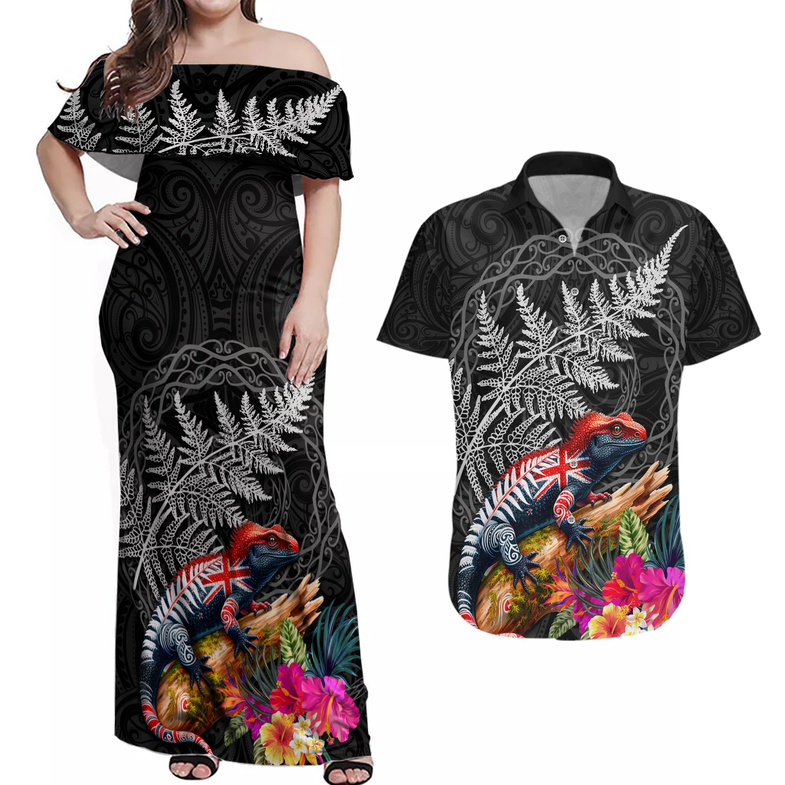 New Zealand Tuatara Couples Matching Off Shoulder Maxi Dress and Hawaiian Shirt Silver Fern Hibiscus and Tribal Maori Pattern Black Color