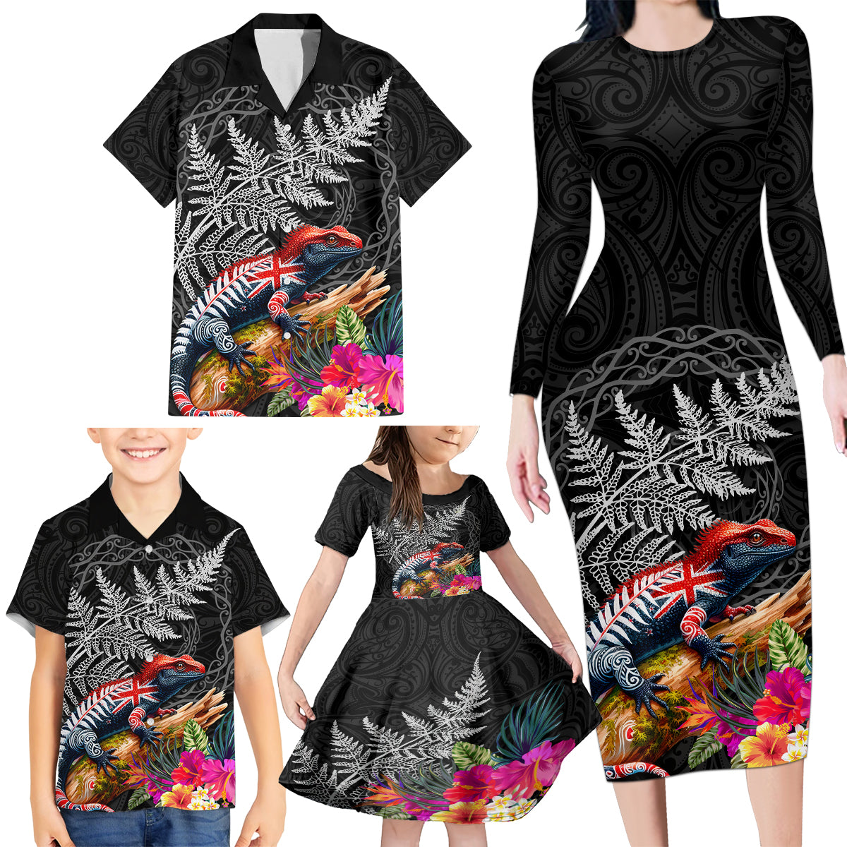 New Zealand Tuatara Family Matching Long Sleeve Bodycon Dress and Hawaiian Shirt Silver Fern Hibiscus and Tribal Maori Pattern Black Color