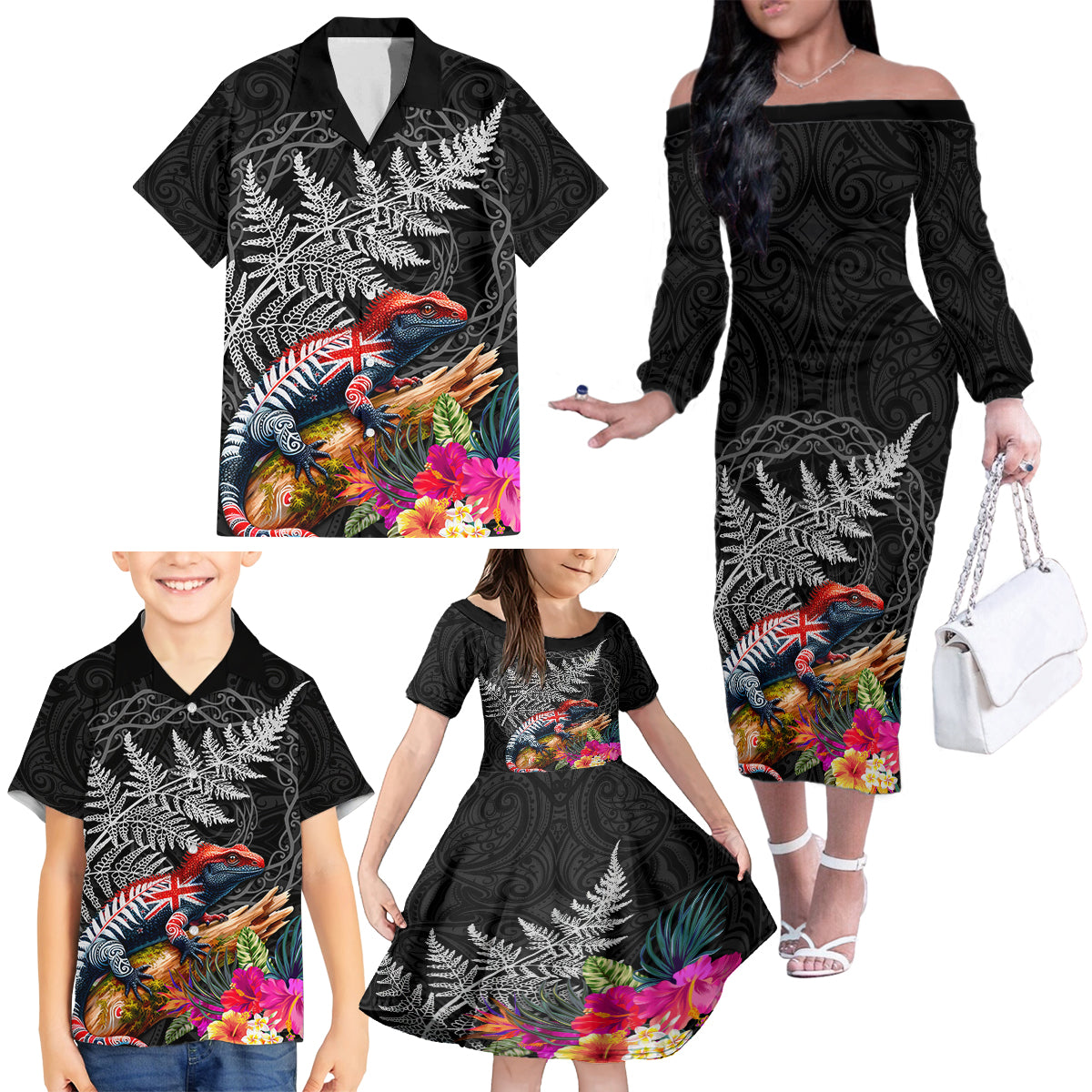 New Zealand Tuatara Family Matching Off The Shoulder Long Sleeve Dress and Hawaiian Shirt Silver Fern Hibiscus and Tribal Maori Pattern Black Color