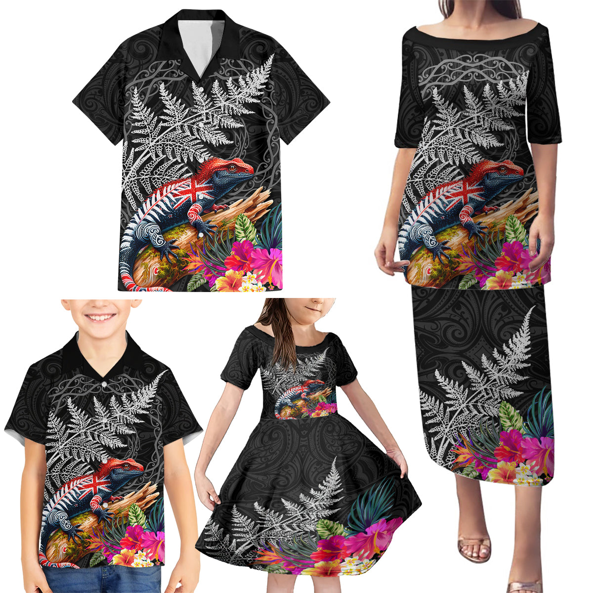 New Zealand Tuatara Family Matching Puletasi and Hawaiian Shirt Silver Fern Hibiscus and Tribal Maori Pattern Black Color