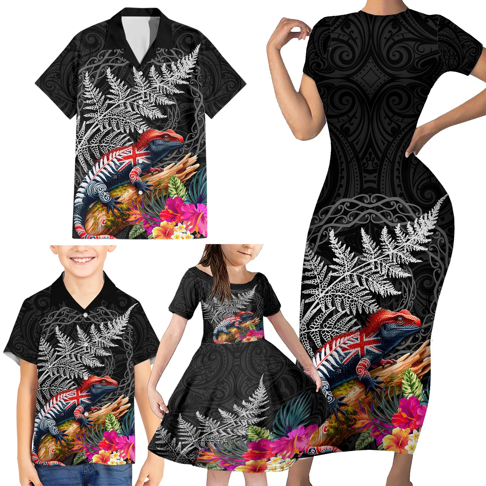 New Zealand Tuatara Family Matching Short Sleeve Bodycon Dress and Hawaiian Shirt Silver Fern Hibiscus and Tribal Maori Pattern Black Color