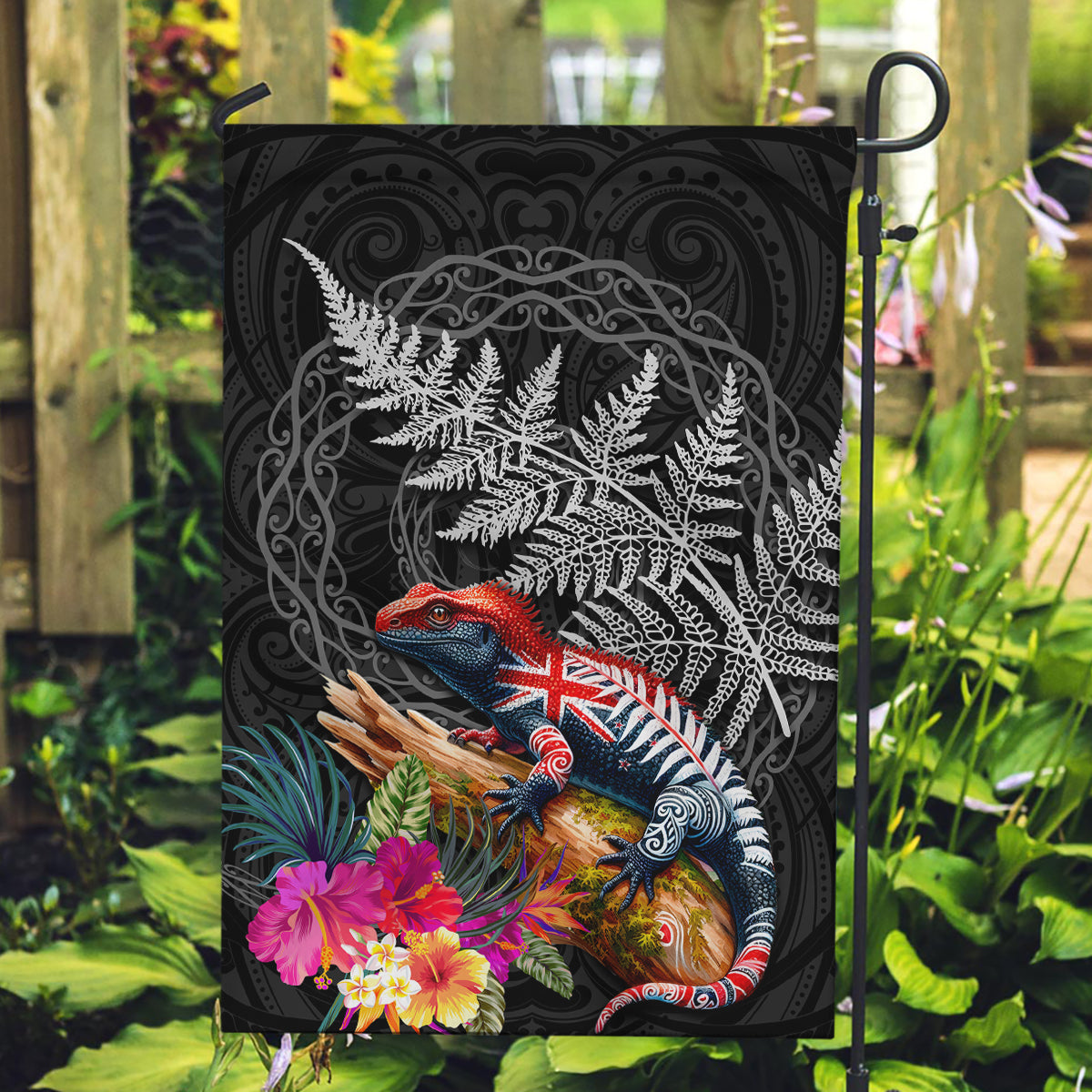 New Zealand Tuatara Garden Flag Silver Fern Hibiscus and Tribal Maori Pattern Black Color LT03 Garden Flag Black - Polynesian Pride
