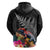 New Zealand Tuatara Hoodie Silver Fern Hibiscus and Tribal Maori Pattern Black Color