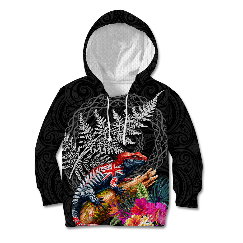 New Zealand Tuatara Kid Hoodie Silver Fern Hibiscus and Tribal Maori Pattern Black Color