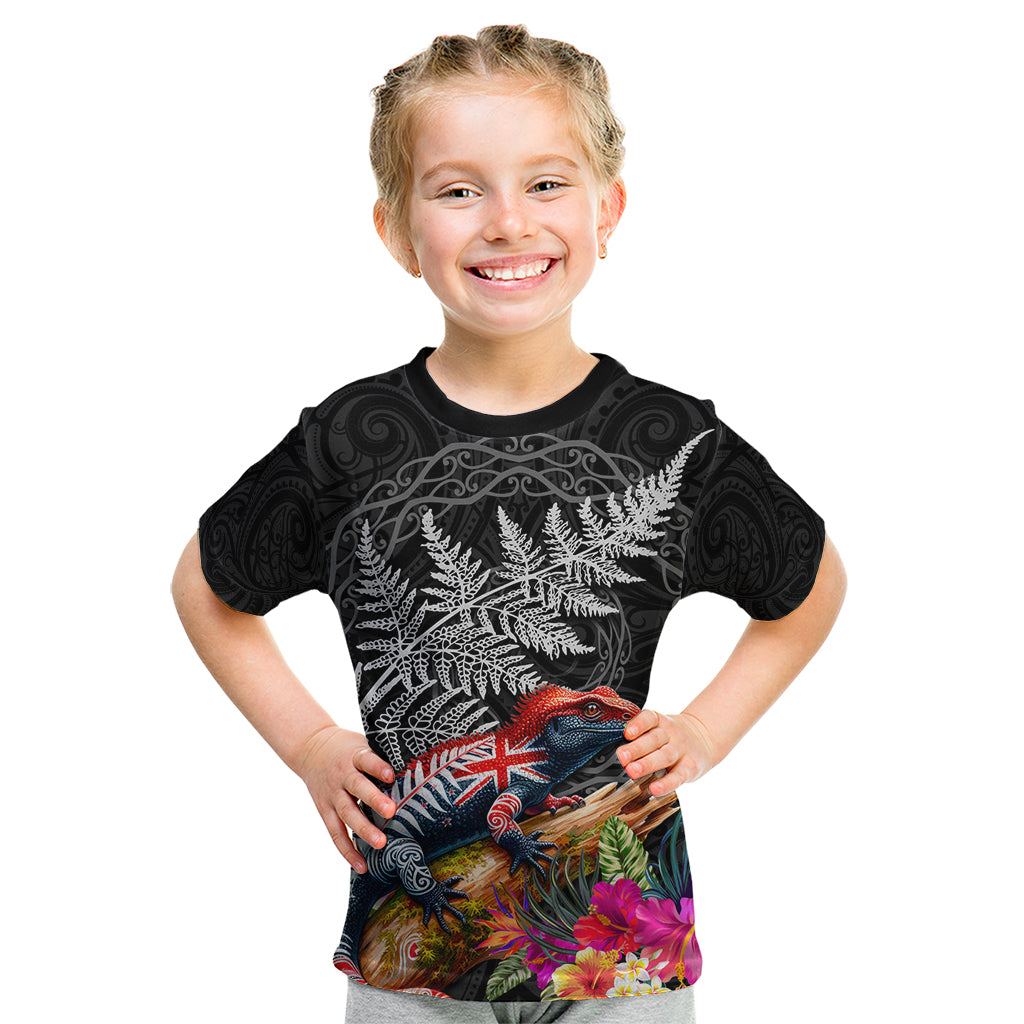 New Zealand Tuatara Kid T Shirt Silver Fern Hibiscus and Tribal Maori Pattern Black Color