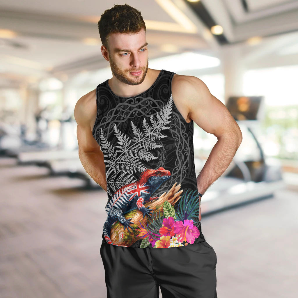 New Zealand Tuatara Men Tank Top Silver Fern Hibiscus and Tribal Maori Pattern Black Color