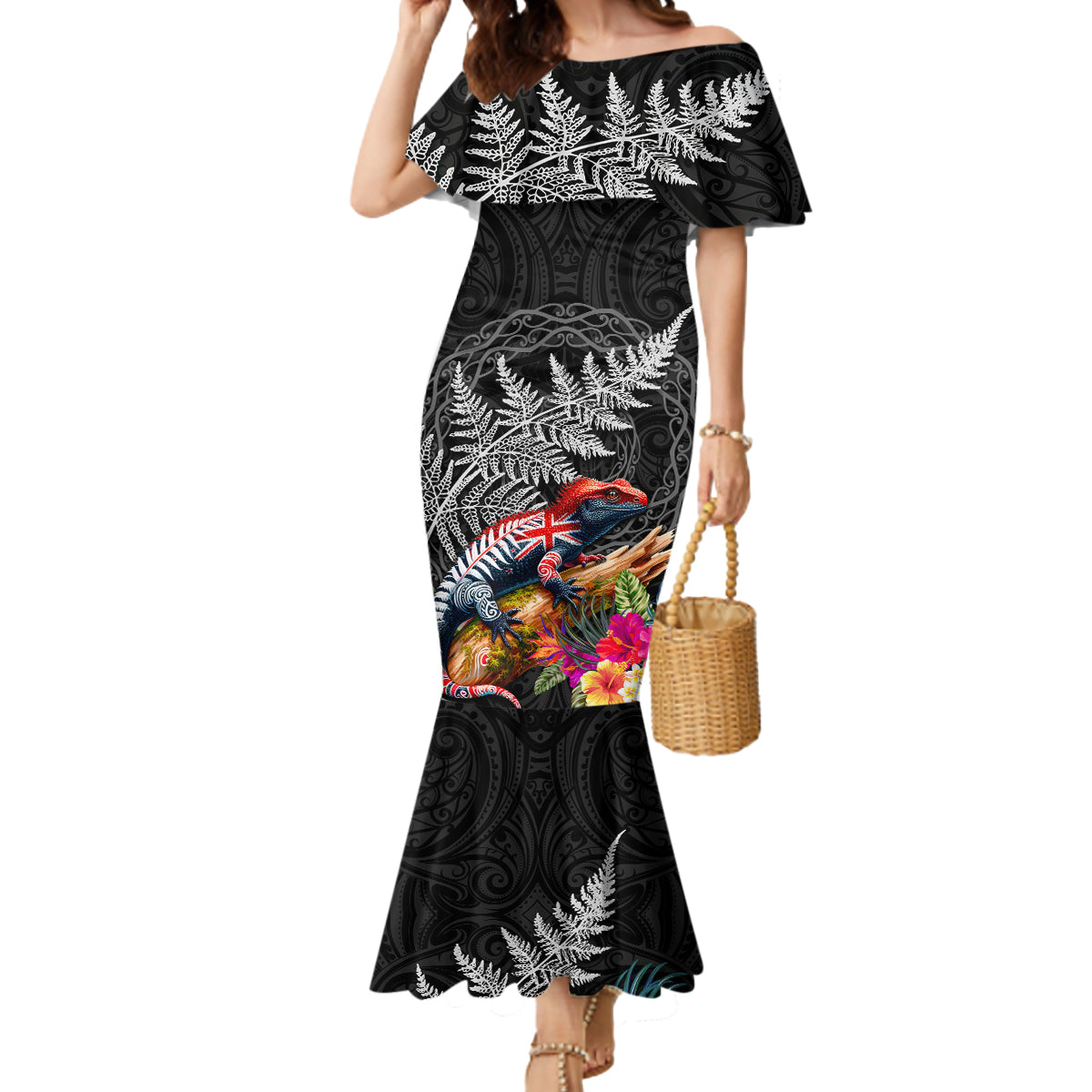 New Zealand Tuatara Mermaid Dress Silver Fern Hibiscus and Tribal Maori Pattern Black Color