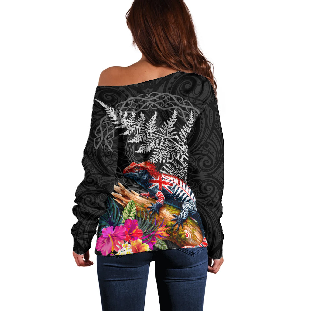 New Zealand Tuatara Off Shoulder Sweater Silver Fern Hibiscus and Tribal Maori Pattern Black Color