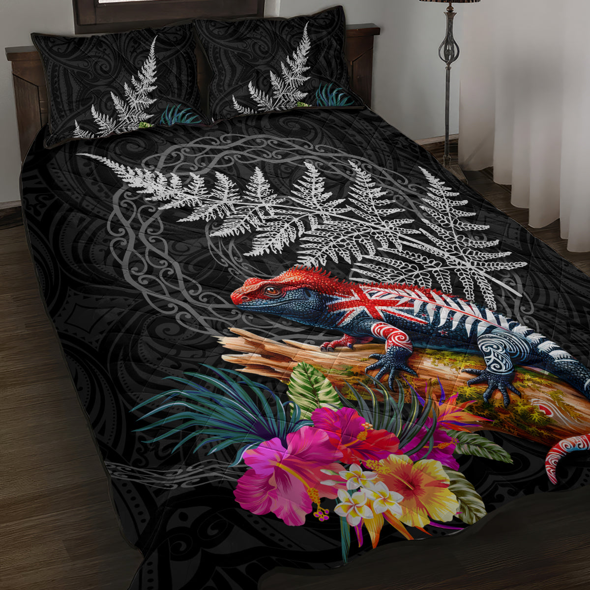 New Zealand Tuatara Quilt Bed Set Silver Fern Hibiscus and Tribal Maori Pattern Black Color