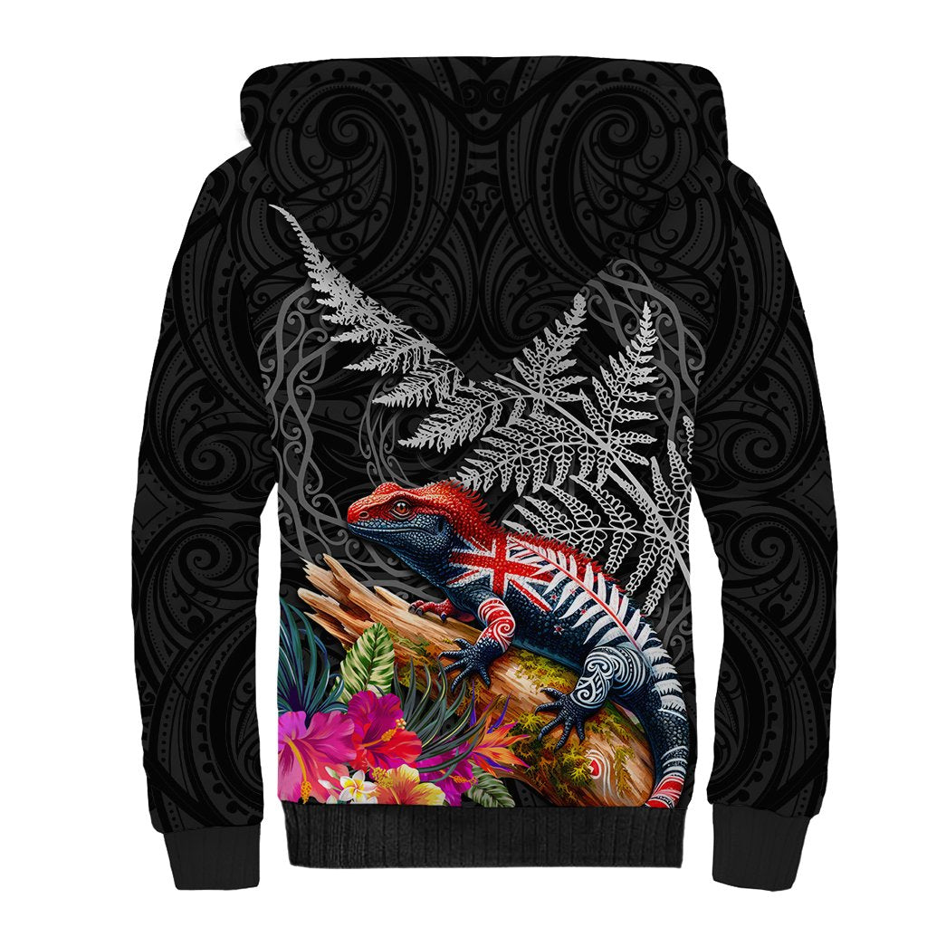 New Zealand Tuatara Sherpa Hoodie Silver Fern Hibiscus and Tribal Maori Pattern Black Color