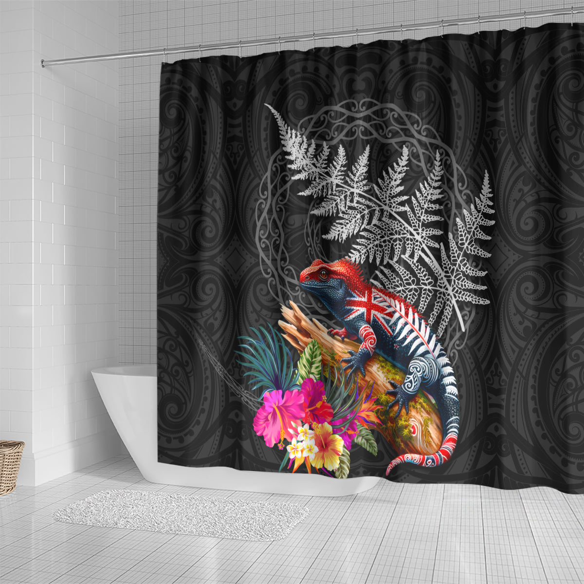 New Zealand Tuatara Shower Curtain Silver Fern Hibiscus and Tribal Maori Pattern Black Color