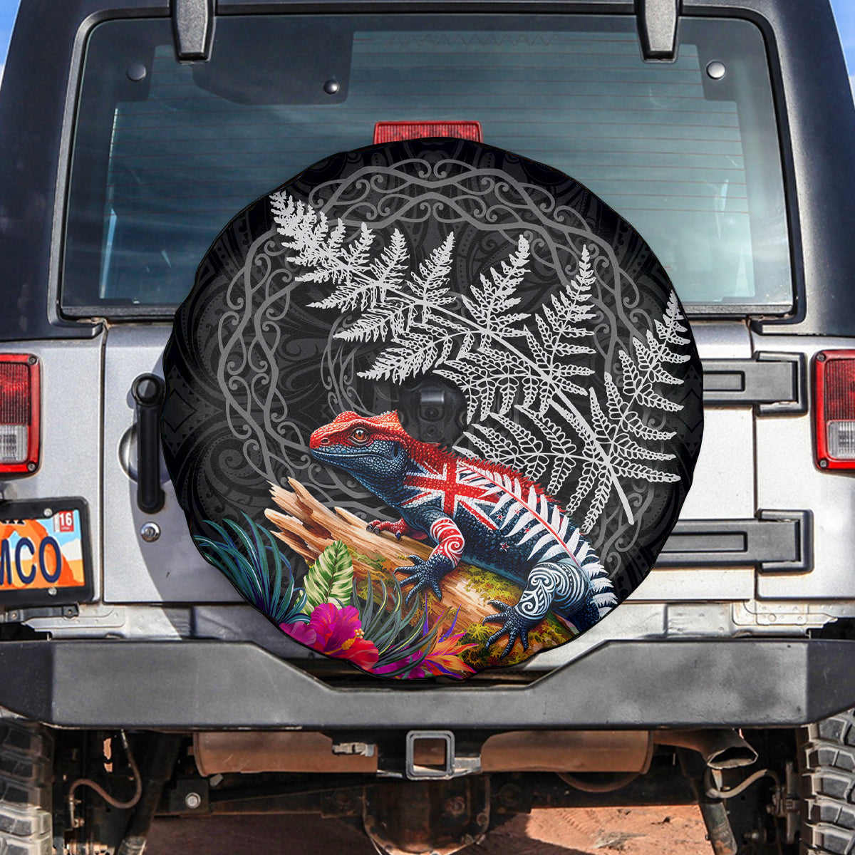 New Zealand Tuatara Spare Tire Cover Silver Fern Hibiscus and Tribal Maori Pattern Black Color LT03 Black - Polynesian Pride