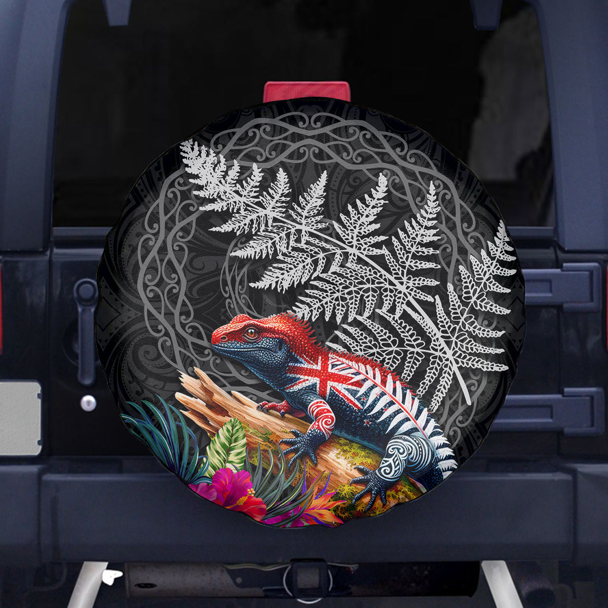 New Zealand Tuatara Spare Tire Cover Silver Fern Hibiscus and Tribal Maori Pattern Black Color