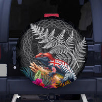 New Zealand Tuatara Spare Tire Cover Silver Fern Hibiscus and Tribal Maori Pattern Black Color