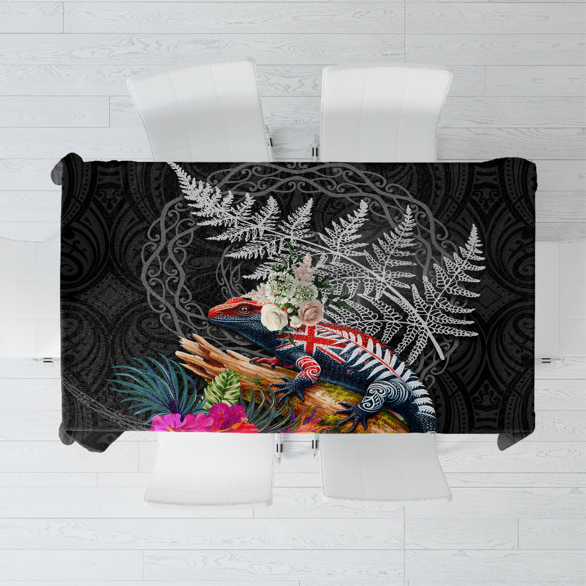 New Zealand Tuatara Tablecloth Silver Fern Hibiscus and Tribal Maori Pattern Black Color LT03 Black - Polynesian Pride