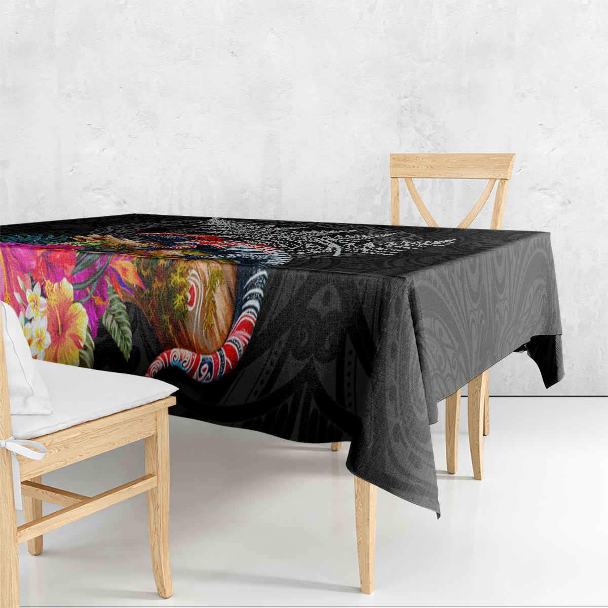New Zealand Tuatara Tablecloth Silver Fern Hibiscus and Tribal Maori Pattern Black Color LT03 - Polynesian Pride