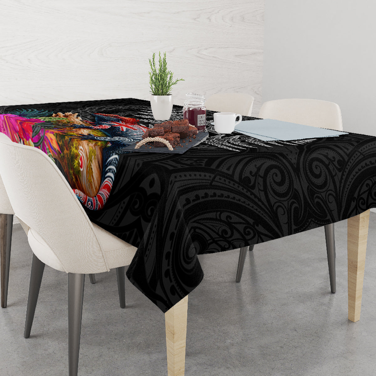 New Zealand Tuatara Tablecloth Silver Fern Hibiscus and Tribal Maori Pattern Black Color LT03 - Polynesian Pride