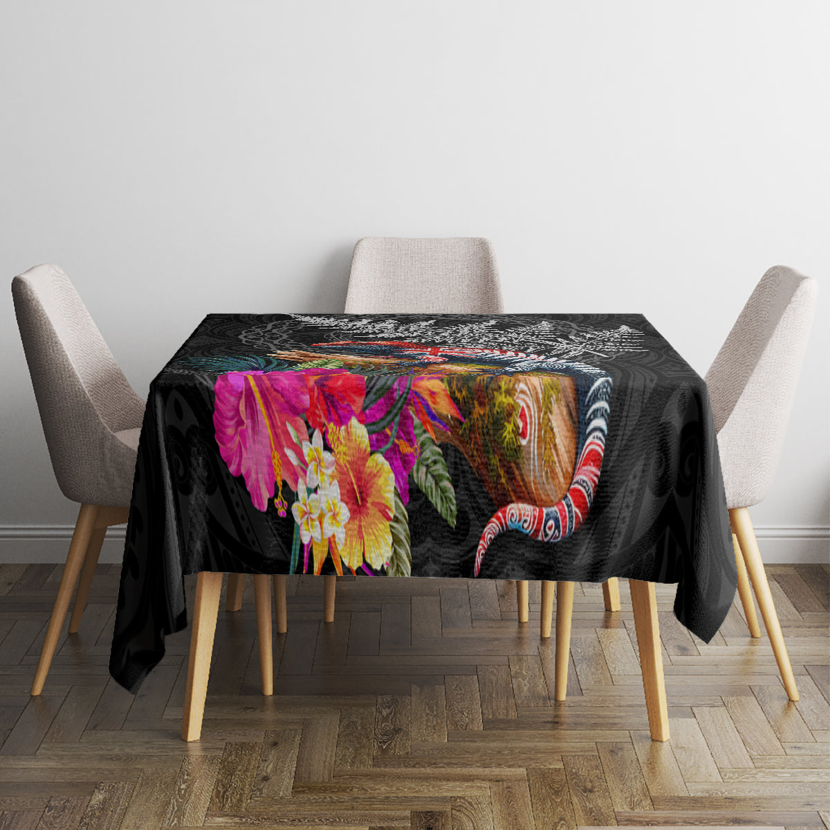 New Zealand Tuatara Tablecloth Silver Fern Hibiscus and Tribal Maori Pattern Black Color LT03 - Polynesian Pride